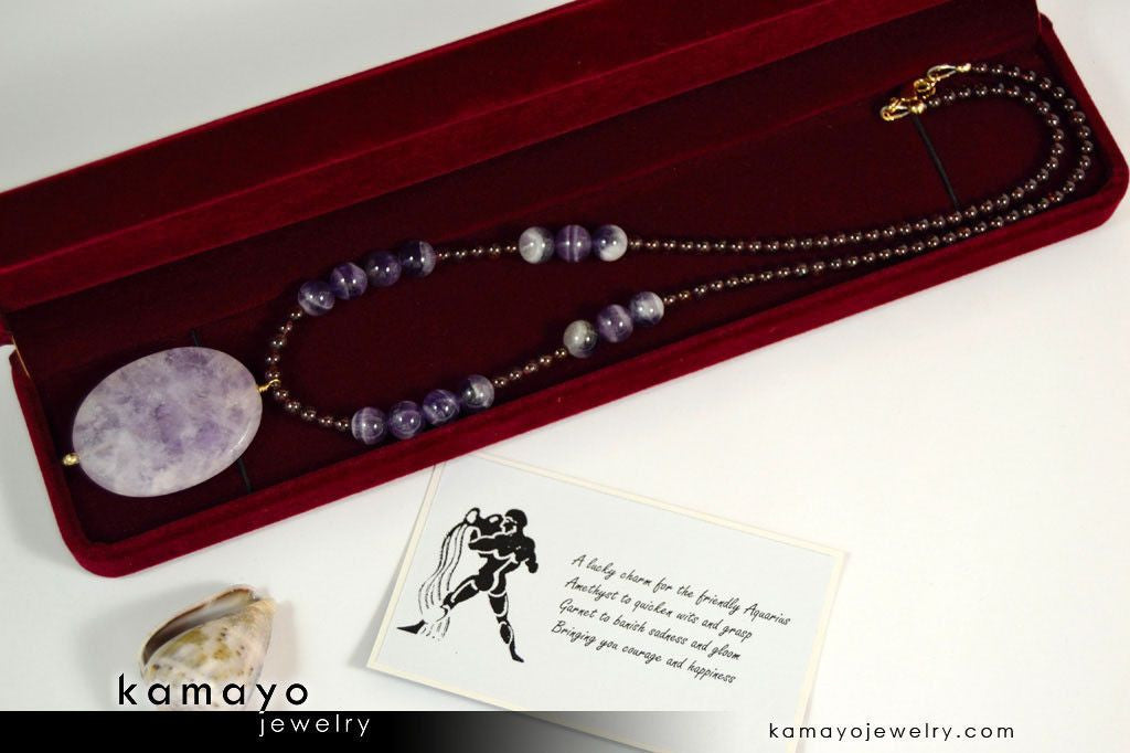 AQUARIUS NECKLACE - Large Amethyst Pendant and Red Garnet Beads