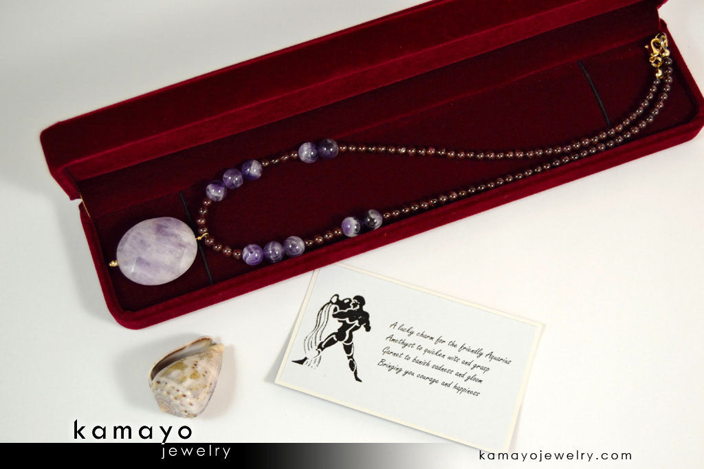 AQUARIUS NECKLACE - Amethyst Pendant and Red Garnet Beads