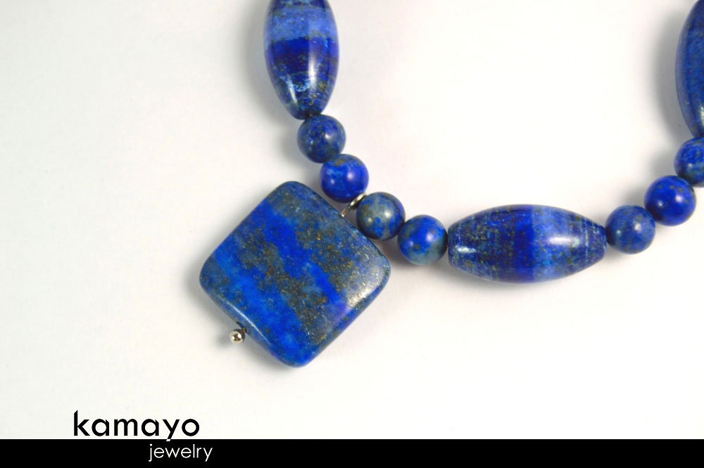 LAPIS LAZULI BRACELET - Blue Square Pendant and Large Rice Beads