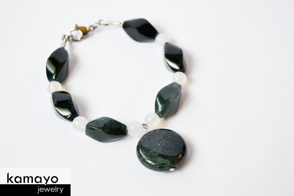 MOSS AGATE BRACELET - Natural Dark Green Pendant and White Chalcedony Accents