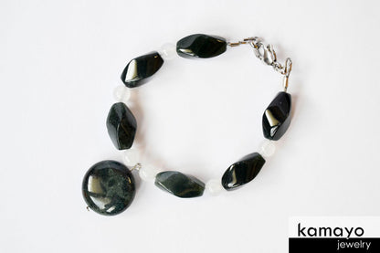 MOSS AGATE BRACELET - Natural Dark Green Pendant and White Chalcedony Accents