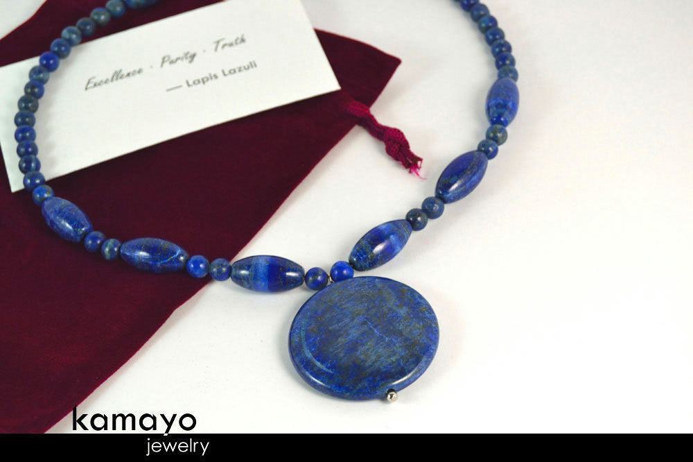 LAPIS LAZULI NECKLACE - Huge Blue Pendant and Large Olive-shaped Beads
