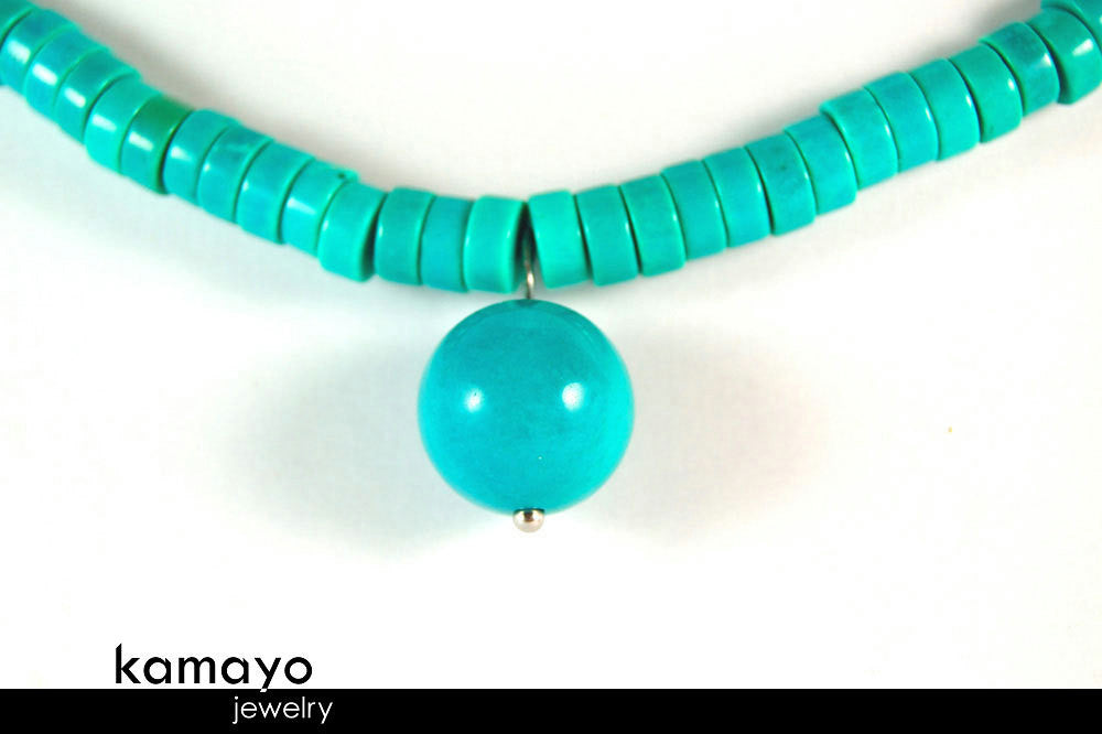 TURQUOISE NECKLACE - Womens' Beaded Choker - Round Pendant and Disc Stone Beads