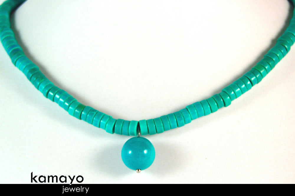 TURQUOISE NECKLACE - Womens' Beaded Choker - Round Pendant and Disc Stone Beads