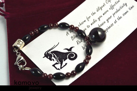 CAPRICORN BRACELET - Red Garnet Pendant and Black Onyx Beads