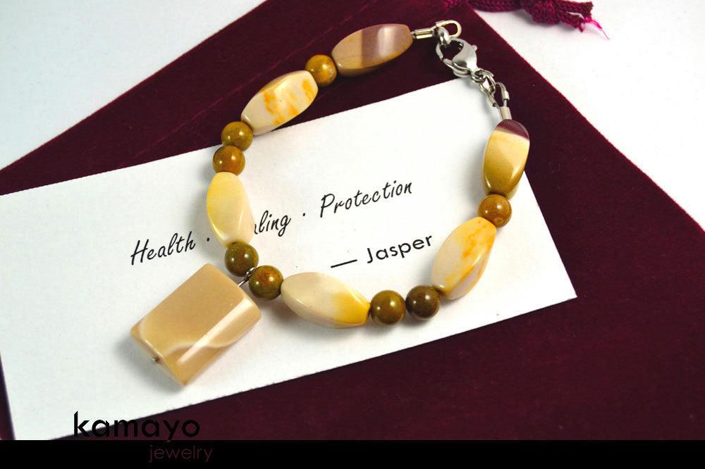 WHITE JASPER BRACELET - Mookaite Jasper Pendant and Brown Ocean Jasper Beads