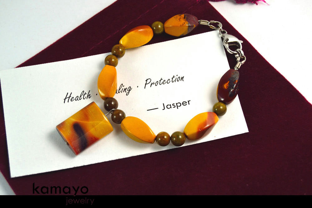 YELLOW JASPER BRACELET - Mookaite Jasper Pendant and Brown Ocean Jasper Beads