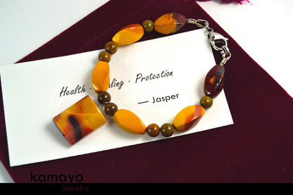 YELLOW JASPER BRACELET - Mookaite Jasper Pendant and Brown Ocean Jasper Beads