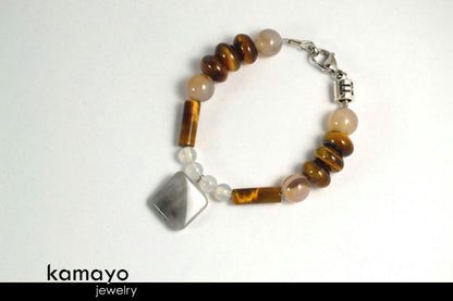 GEMINI BRACELET - Grey Agate Pendant and Tiger Eye Beads