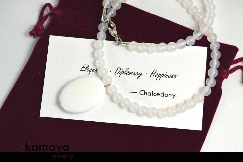 WHITE CHALCEDONY NECKLACE - Large Oval Pendant and Translucent Round Beads
