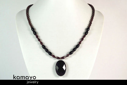 CAPRICORN JEWELRY SET - Princess Necklace and Bracelet with Black Onyx Pendants and Red Garnet Beads