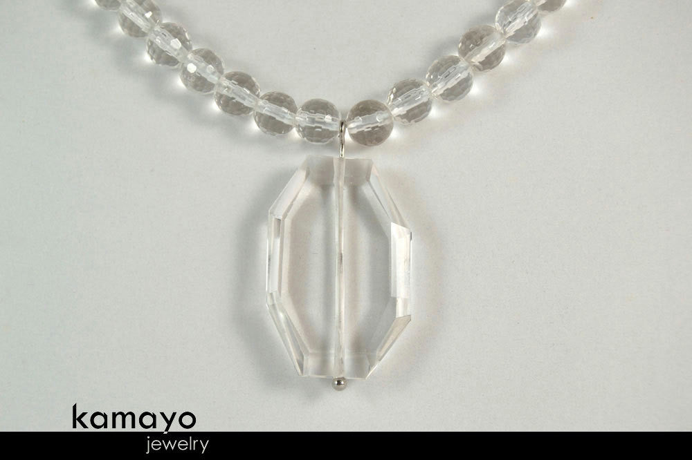 CLEAR QUARTZ NECKLACE - Large Rock Crystal Pendant and Natural Beads