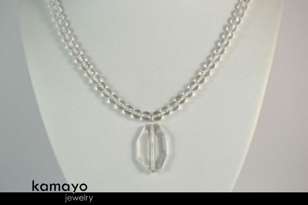 CLEAR QUARTZ NECKLACE - Large Rock Crystal Pendant and Natural Beads