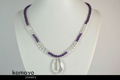 PISCES NECKLACE - Clear Quartz Pendant and Purple Amethyst Beads