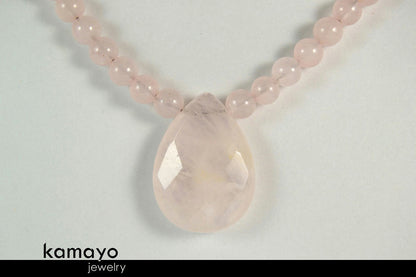 ROSE QUARTZ NECKLACE - Faceted Teardrop Pendant and Natural Beads