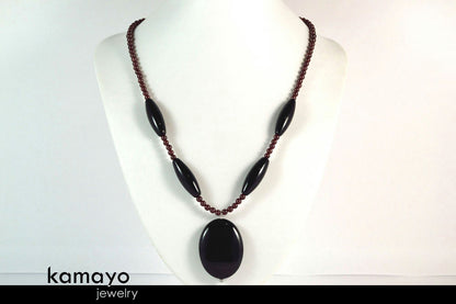 CAPRICORN NECKLACE - Large Black Onyx Pendant and Red Garnet Beads