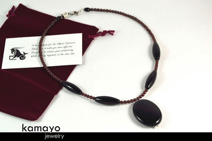 CAPRICORN NECKLACE - Large Black Onyx Pendant and Red Garnet Beads