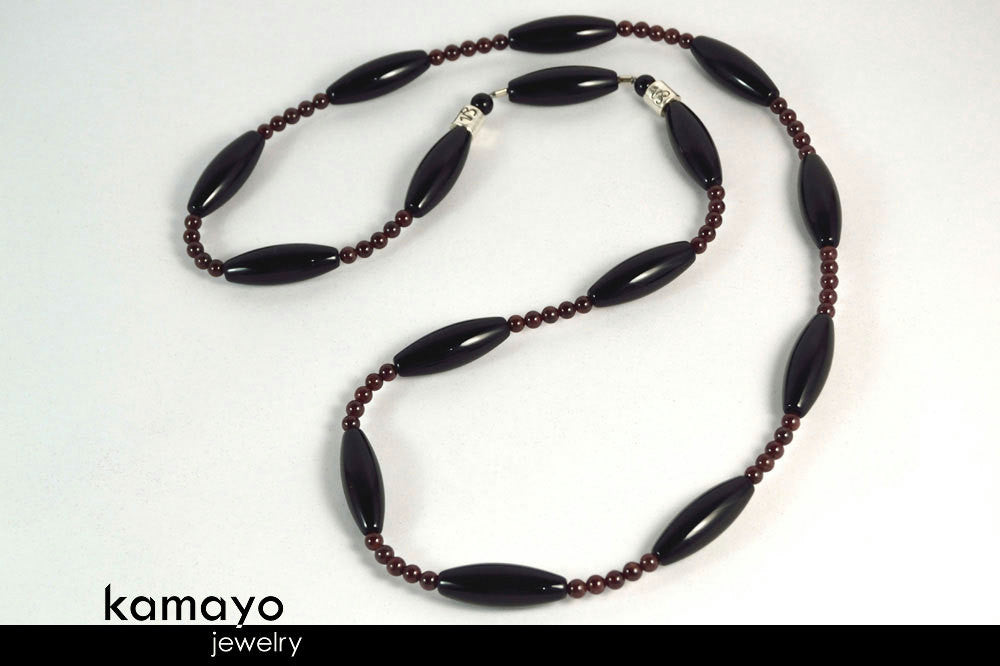CAPRICORN OPERA NECKLACE - Large Rice Black Onyx Beads and Red Garnet