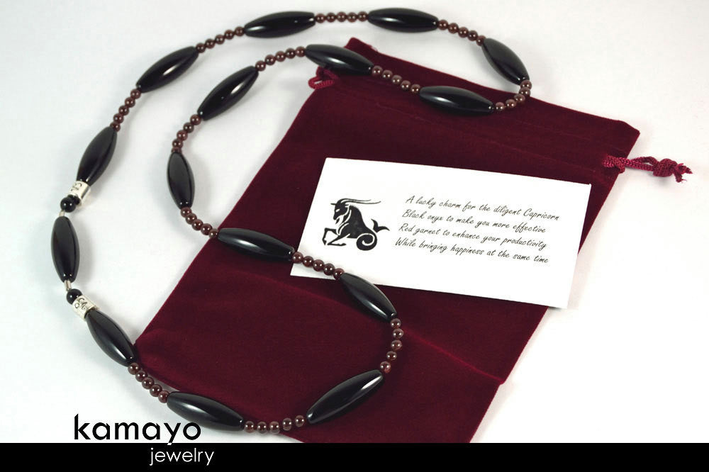 CAPRICORN OPERA NECKLACE - Large Rice Black Onyx Beads and Red Garnet
