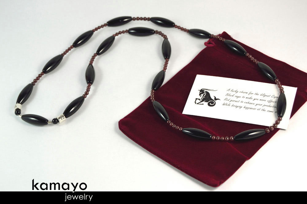 CAPRICORN LARIAT NECKLACE - Large Rice Black Onyx Beads and Red Garnet