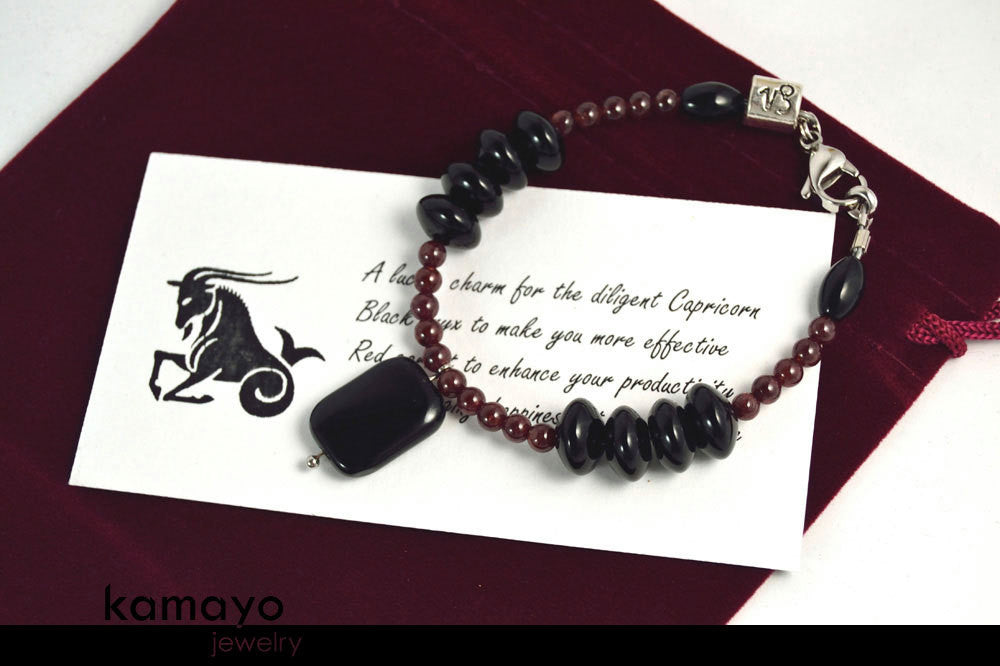 CAPRICORN BRACELET - Black Onyx Pendant and Red Garnet Beads