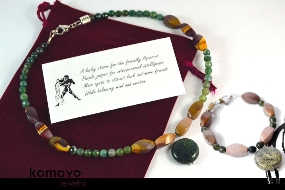 AQUARIUS JEWELRY SET - Women's Choker and Bracelet with Moss Agate Pendants and Jasper Beads